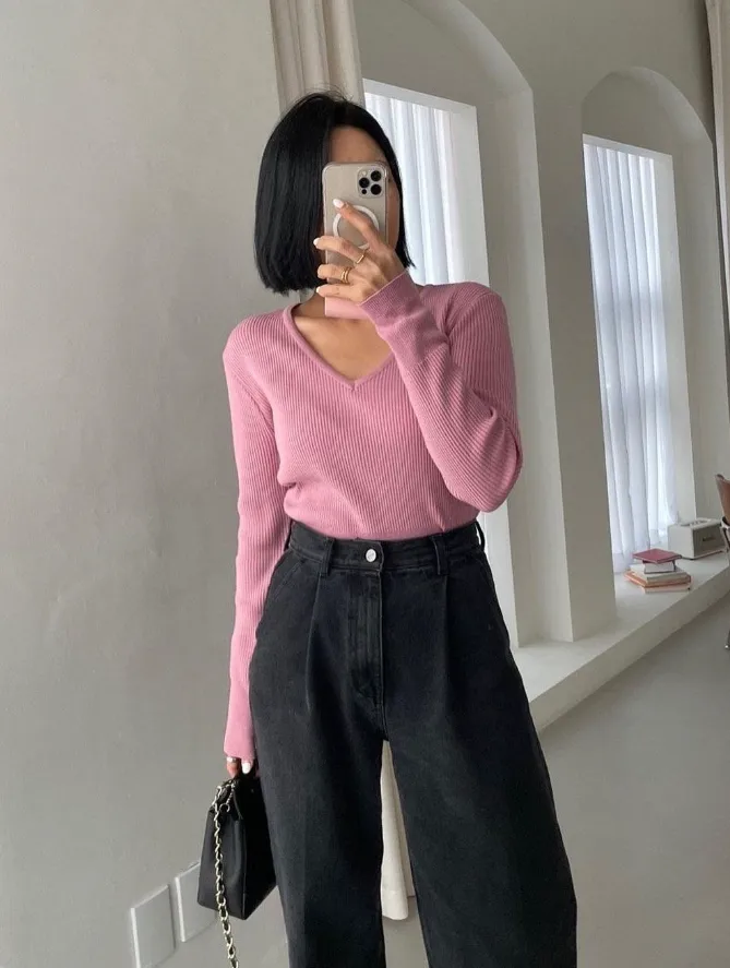 V-Neck Basic Rib Knit Top