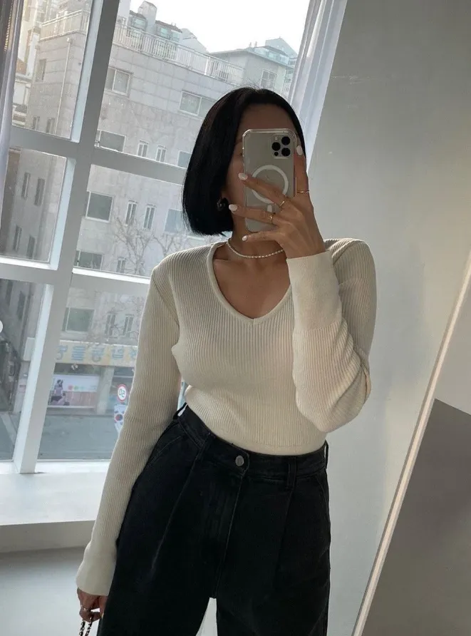 V-Neck Basic Rib Knit Top