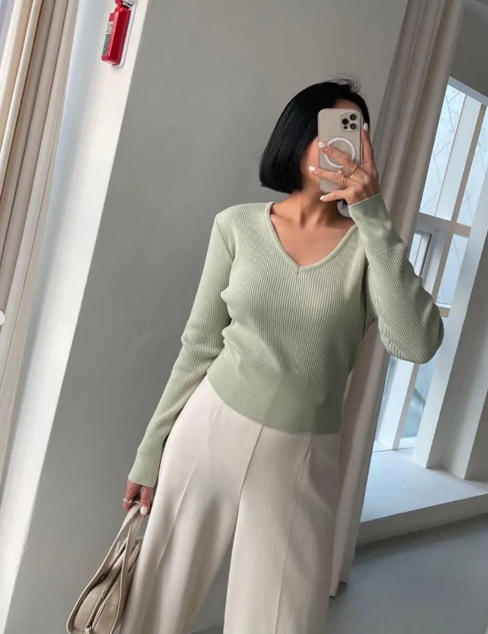 V-Neck Basic Rib Knit Top