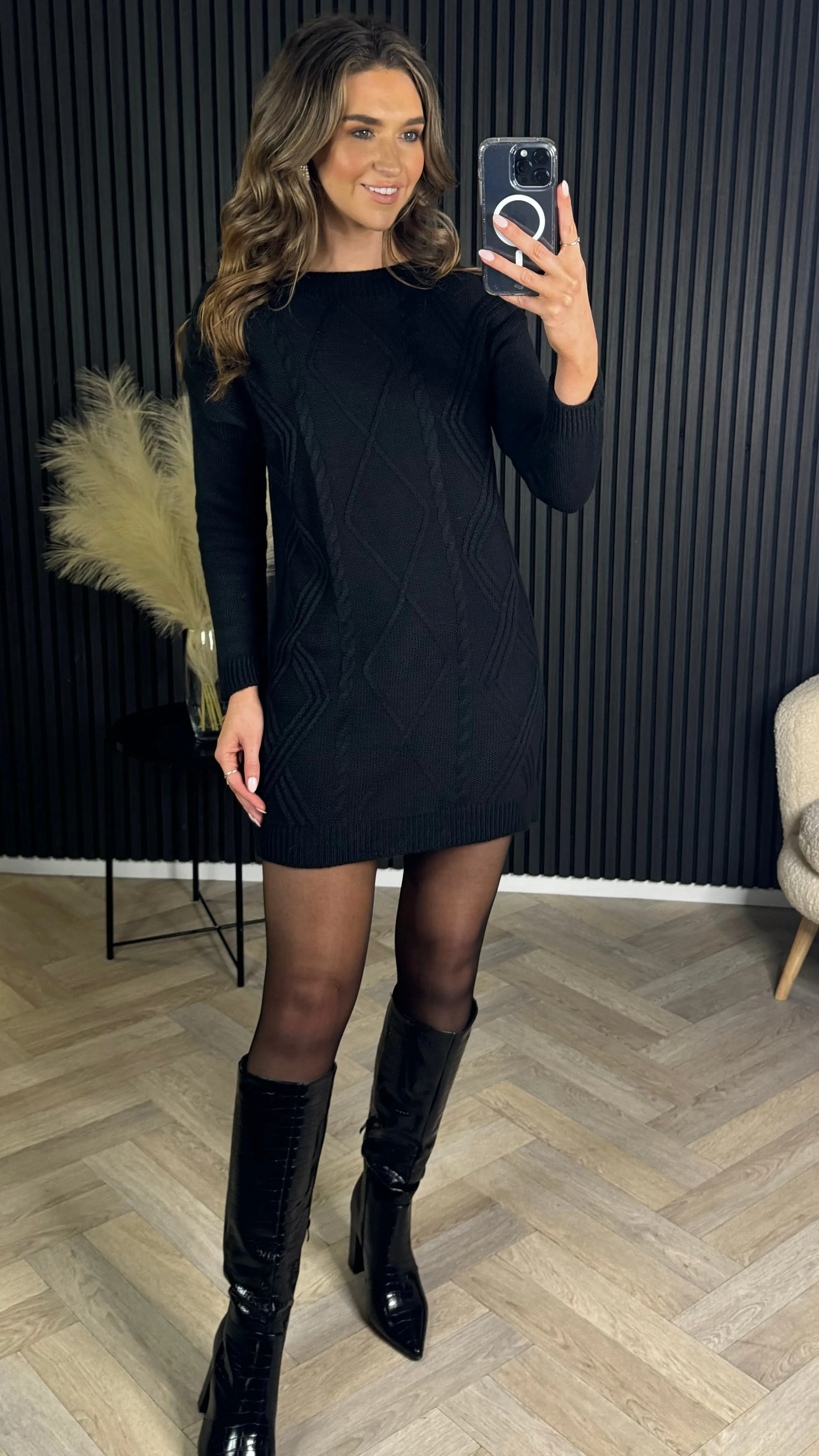 Valencia Black Cable Knit Patterned Jumper Dress