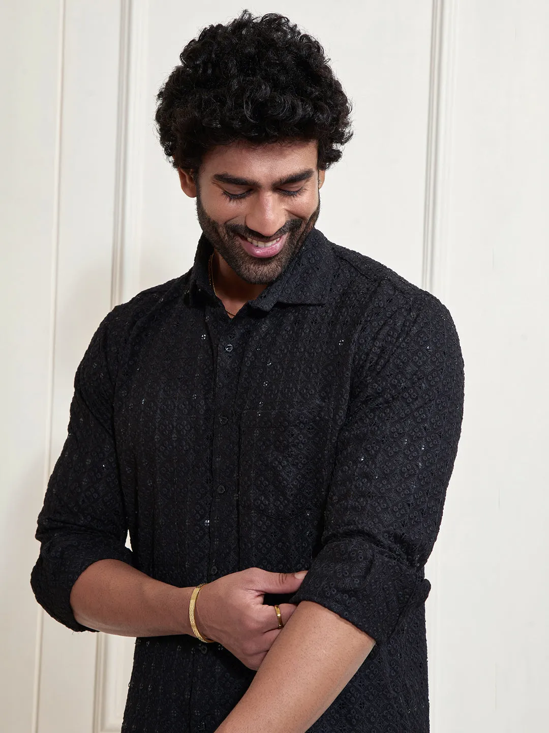 VASTRAMAY Men's Black Rayon Ethnic Shirt And Mundu Set