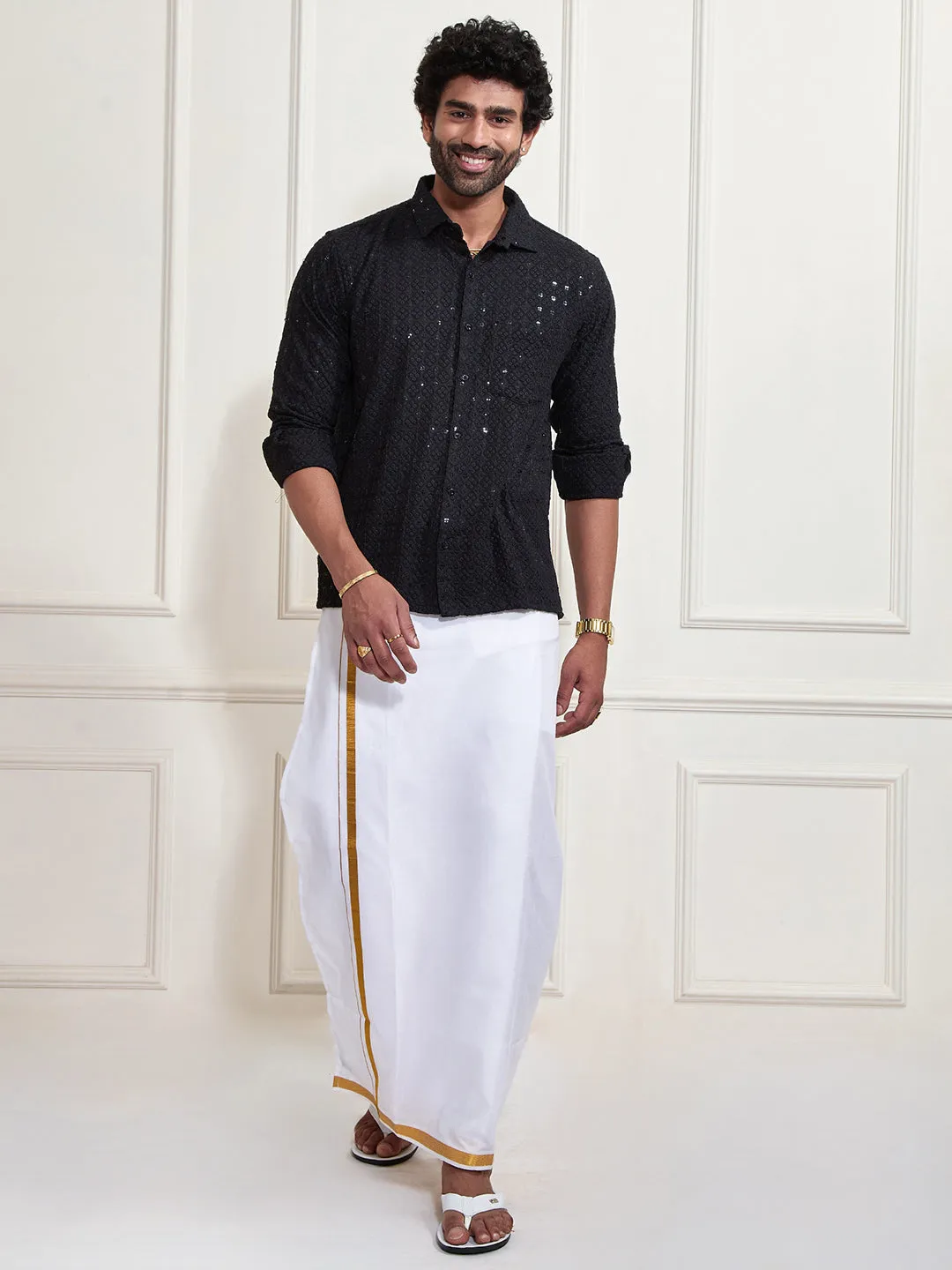 VASTRAMAY Men's Black Rayon Ethnic Shirt And Mundu Set