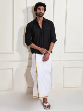 VASTRAMAY Men's Black Rayon Ethnic Shirt And Mundu Set