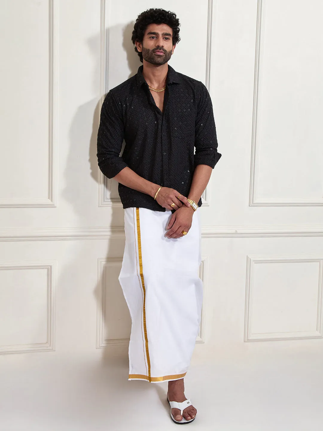 VASTRAMAY Men's Black Rayon Ethnic Shirt And Mundu Set
