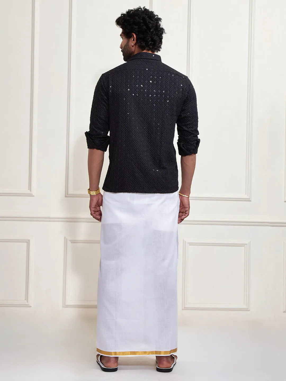 VASTRAMAY Men's Black Rayon Ethnic Shirt And Mundu Set