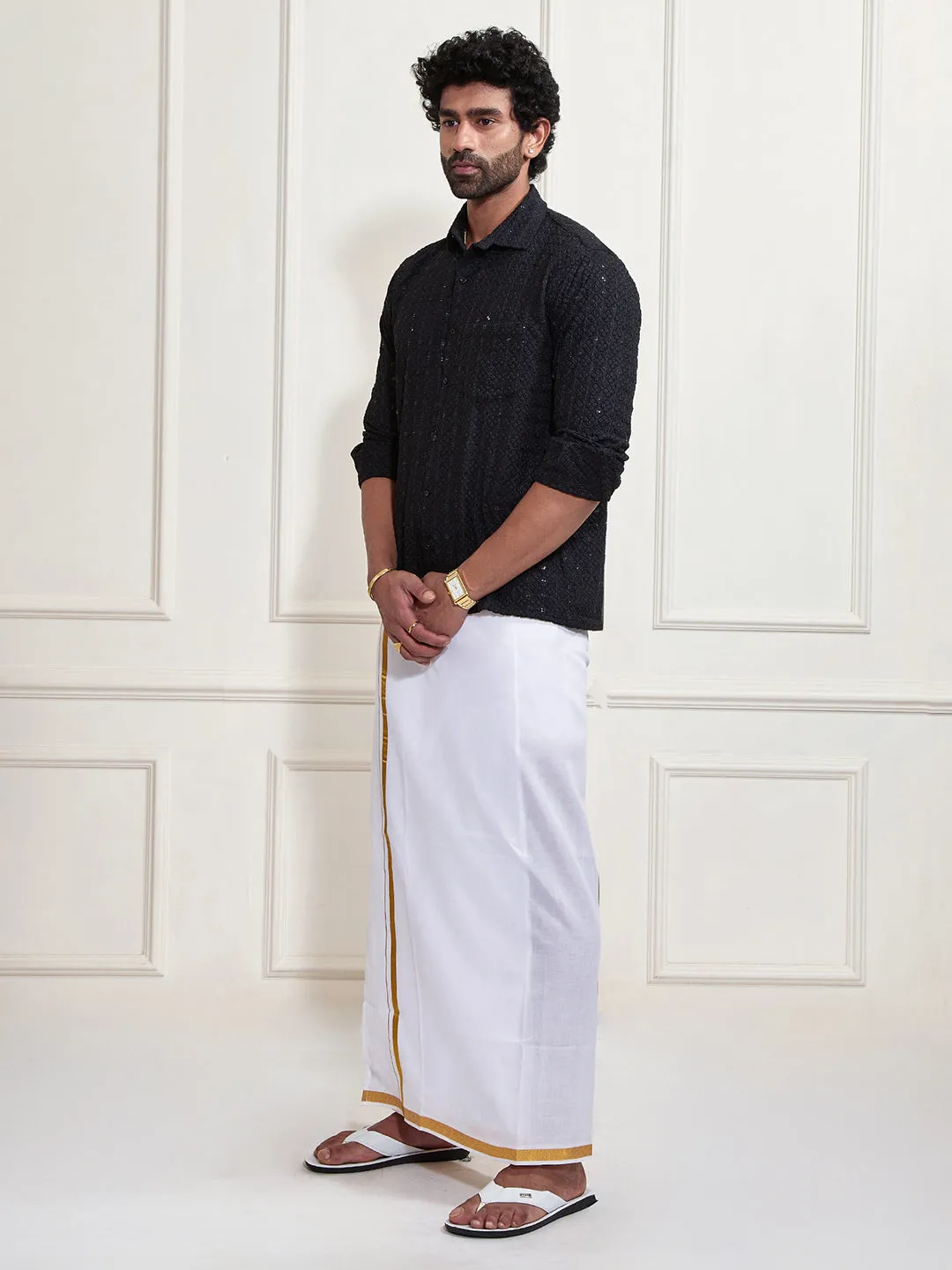 VASTRAMAY Men's Black Rayon Ethnic Shirt And Mundu Set