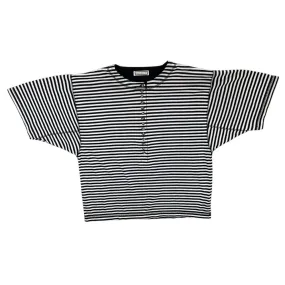 Vintage ESSENTIAL BASICS Black White Striped Henley Button Short Sleeve T-Shirt