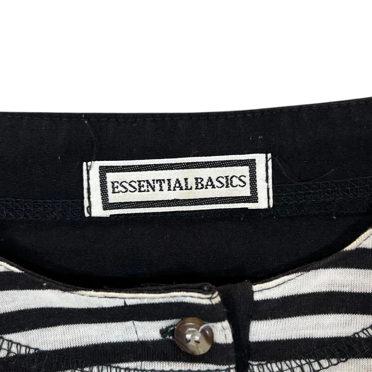 Vintage ESSENTIAL BASICS Black White Striped Henley Button Short Sleeve T-Shirt