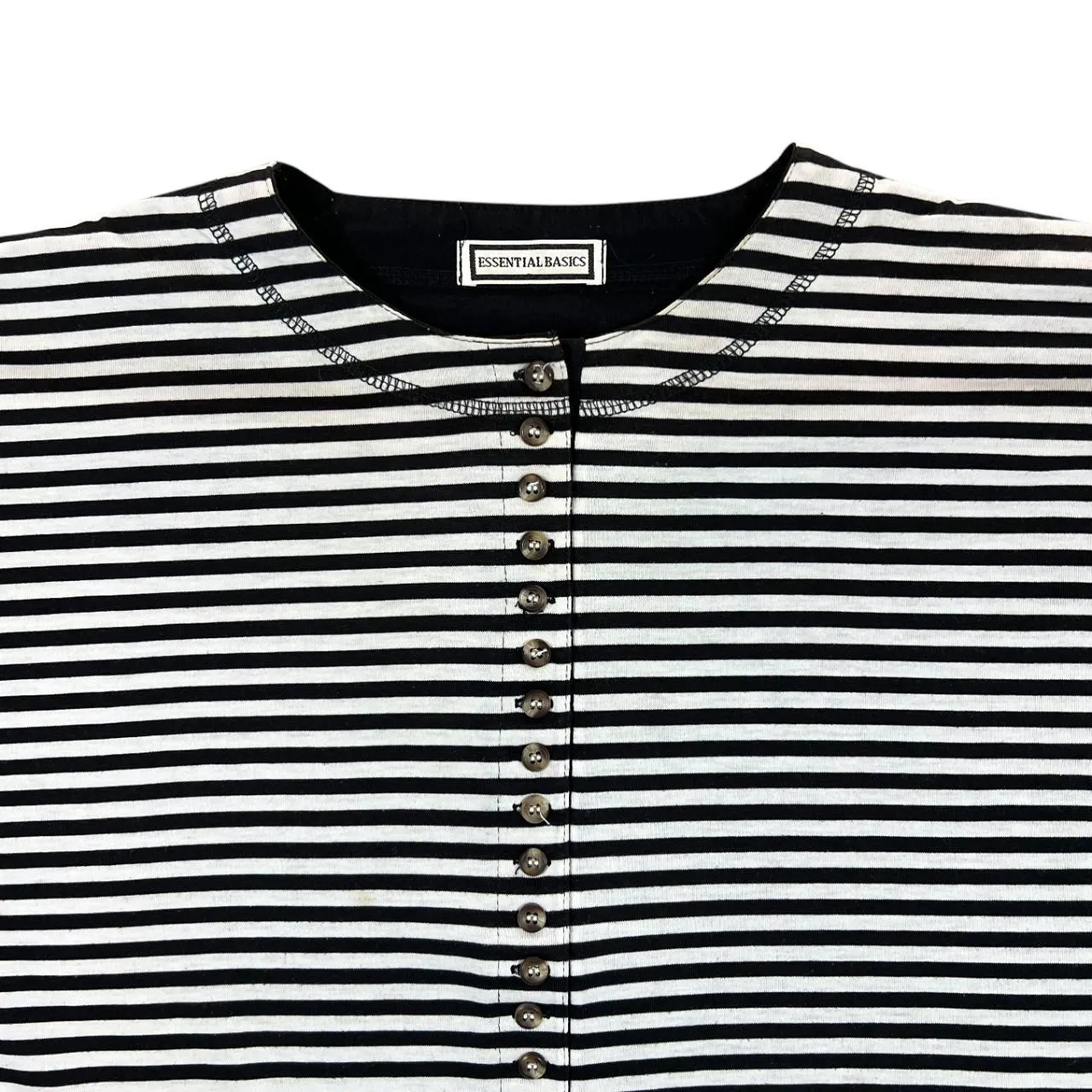 Vintage ESSENTIAL BASICS Black White Striped Henley Button Short Sleeve T-Shirt